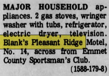 Blanks Pleasant Ridge Motel and Cabins - June 1972 Ad Selling Contents (newer photo)